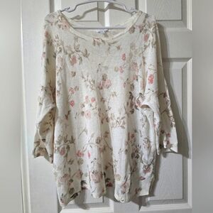 J. Jill Linen Blend Lightweight Floral Print Sweater Top, 3/4 Sleeves, EUC!